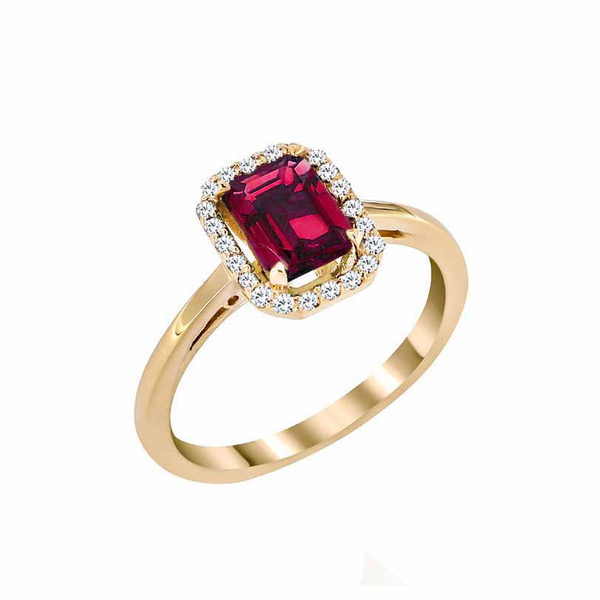 Δαχτυλίδι ροζέτα Κ14 χρυσό με ορθογώνιο ρουμπίνι L.C. και διαμάντια
