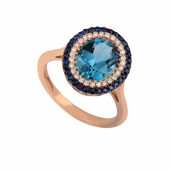 Δαχτυλίδι ροζέτα Κ18 ροζ χρυσό με τοπάζι London Blue, ζαφείρια και διαμάντια