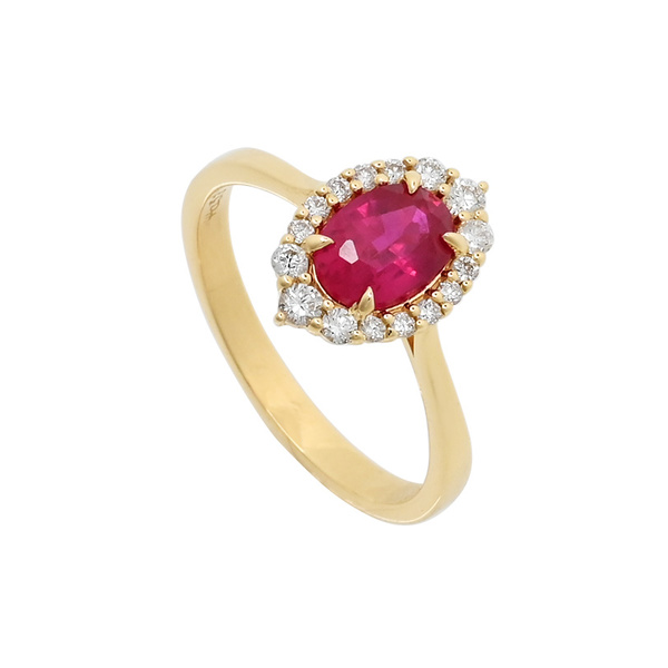 Δαχτυλίδι ροζέτα Κ18 χρυσό με οβάλ ρουμπίνι L.C. και διαμάντια