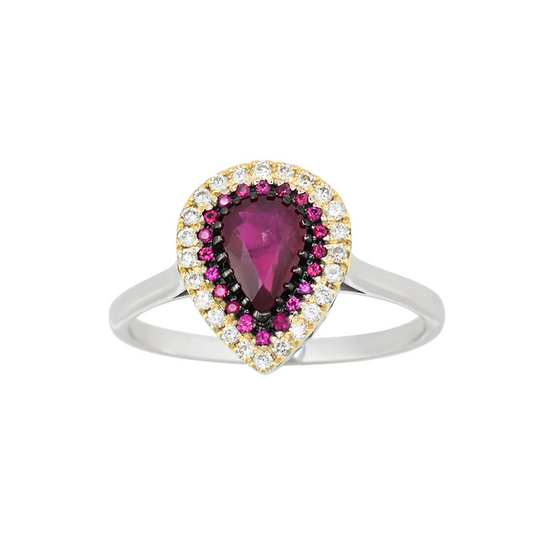 Δαχτυλίδι Κ18 λευκόχρυσο δάκρυ ροζέτα με ρουμπίνια και διαμάντια