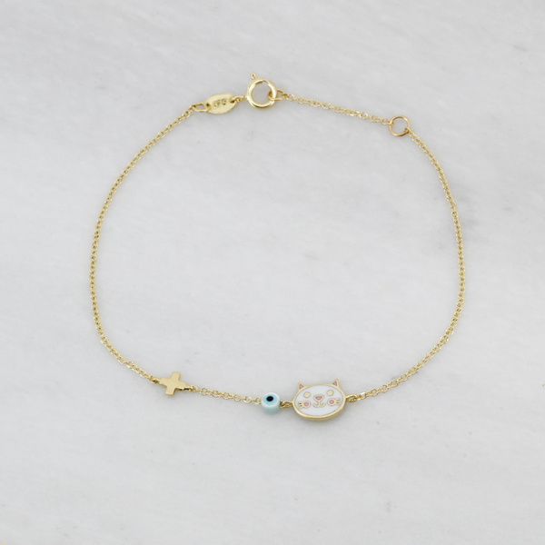 Βραχιόλι γάτα Κ9 χρυσό με μάτι και σταυρό