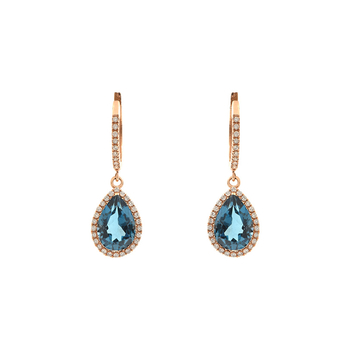 Σκουλαρίκια ροζέτες κρίκοι Κ18 ροζ χρυσά με μπλε τοπάζι & διαμάντια