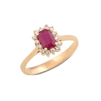 Δαχτυλίδι ροζέτα Κ18 ροζ χρυσό με ορθογώνιο ρουμπίνι και διαμάντια