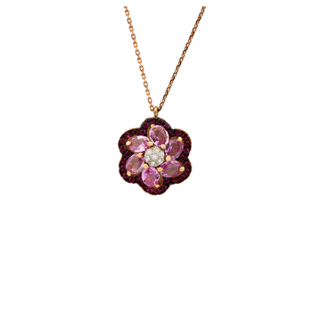 Κολιέ λουλούδι Κ18 ροζ χρυσό με ροζ ζαφείρια & διαμάντια