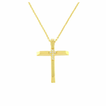 Κολιέ σταυρός Κ14 χρυσός με διαμάντια και αλυσίδα