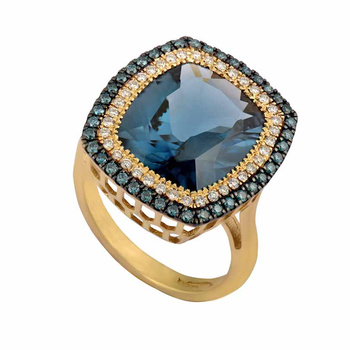 Δαχτυλίδι ροζέτα Κ18 χρυσό με τοπάζι London Blue και λευκά και μπλε διαμάντια