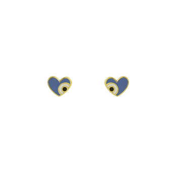 Σκουλαρίκια καρδιά με ματάκι Κ9 χρυσά με γαλάζιο σμάλτο