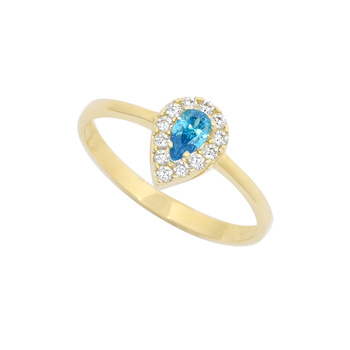 Δαχτυλίδι ροζέτα Κ14 χρυσό με δάκρυ γαλάζιο ζιργκόν