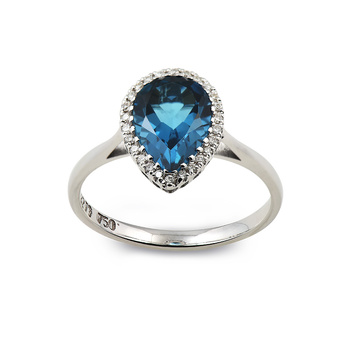 Δαχτυλίδι ροζέτα Κ18 λευκόχρυσο με δάκρυ τοπάζι London Blue και διαμάντια