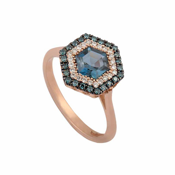 Δαχτυλίδι ροζέτα Κ18 ροζ χρυσό με τοπάζι London Blue και λευκά και μπλε διαμάντια