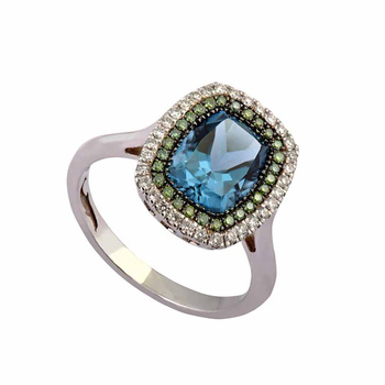 Δαχτυλίδι ροζέτα Κ18 λευκόχρυσο με τοπάζι London Blue και λευκά και πράσινα διαμάντια