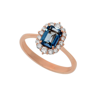 Δαχτυλίδι ροζέτα Κ18 ροζ χρυσό με ορθογώνιο τοπάζι London Blue και διαμάντια