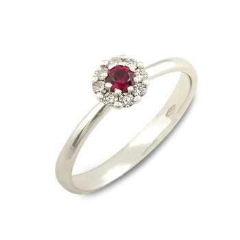 Δαχτυλίδι ροζέτα Κ18 λευκόχρυσο λεπτό με ρουμπίνι και διαμάντια
