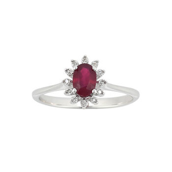 Δαχτυλίδι ροζέτα Κ18 λευκόχρυσο με οβάλ ρουμπίνι και διαμάντια
