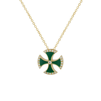 Κολιέ σταυρός Κ18 χρυσό με πράσινο σμάλτο και διαμάντια