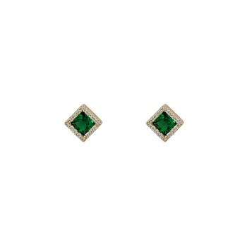Σκουλαρίκια ροζέτα Κ9 χρυσά με τετράγωνο πράσινο ζιργκόν