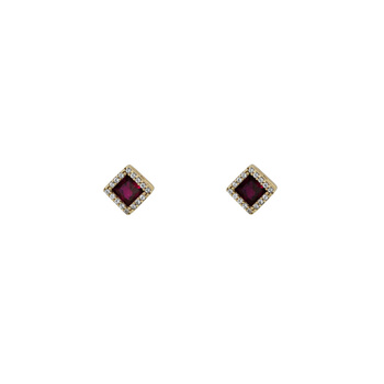 Σκουλαρίκια ροζέτα Κ9 χρυσά με τετράγωνο κόκκινο ζιργκόν