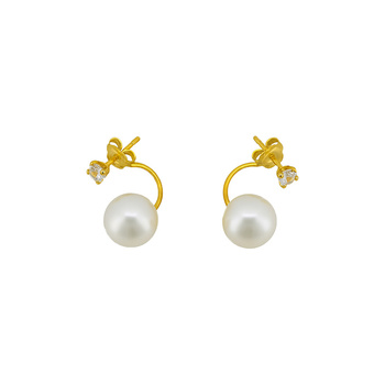 Σκουλαρίκια διπλά Κ14 χρυσά με μονόπετρα μαργαριτάρια & ζιργκόν