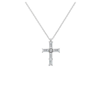 Κολιέ σταυρός Κ14 λευκόχρυσο με lab-grown ζαφείρια και διαμάντι