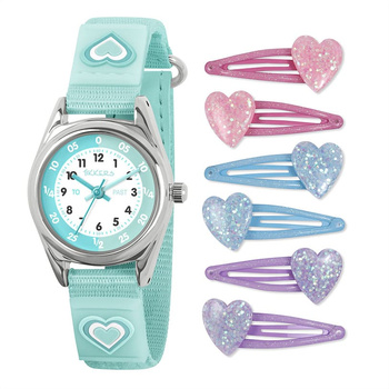 Tikkers Aqua Heart Strap Time Teacher Watch & Hairclip Set