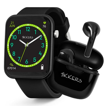 Tikkers Smart Series 13 - Black Silicone Strap Smart Watch & Earbuds Set